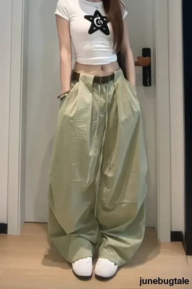 Vintage American Loose Slim Fit Wide Leg Cargo Pants - Khaki / S