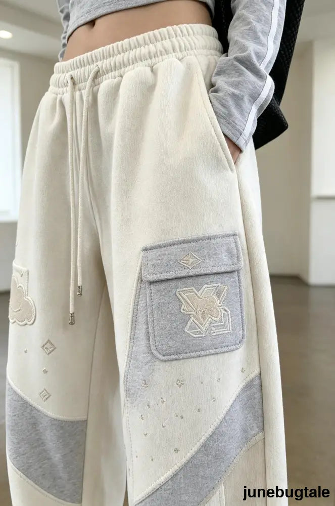 Vintage Star Embroidered Gray Loose Wide Leg Pants
