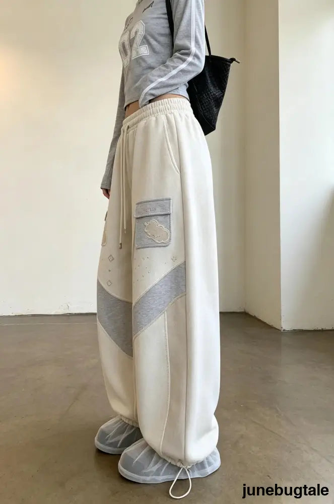 Vintage Star Embroidered Gray Loose Wide Leg Pants