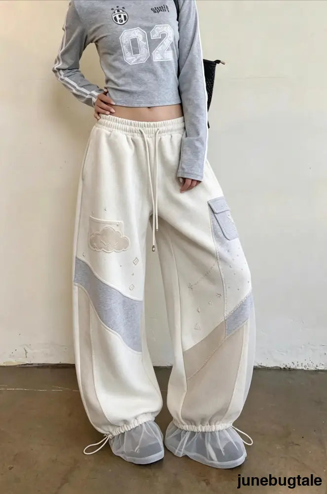 Vintage Star Embroidered Gray Loose Wide Leg Pants