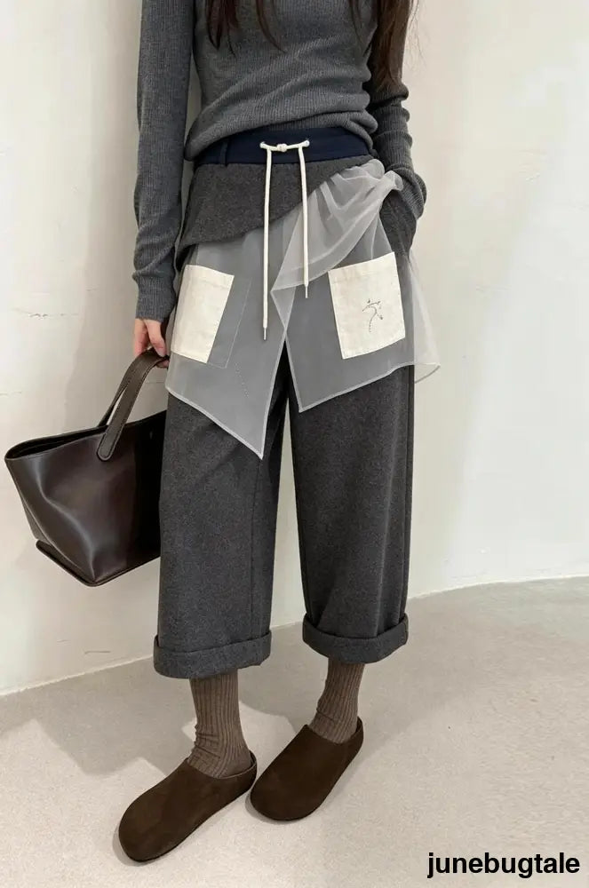 Wool Blend High Waist Ankle Crop Wide Leg Relaxed Pants