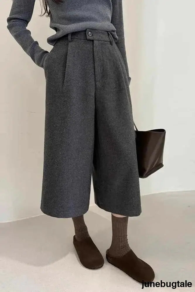 Wool Blend High Waist Ankle Crop Wide Leg Relaxed Pants