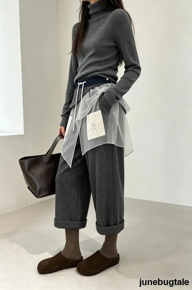 Wool Blend High Waist Ankle Crop Wide Leg Relaxed Pants