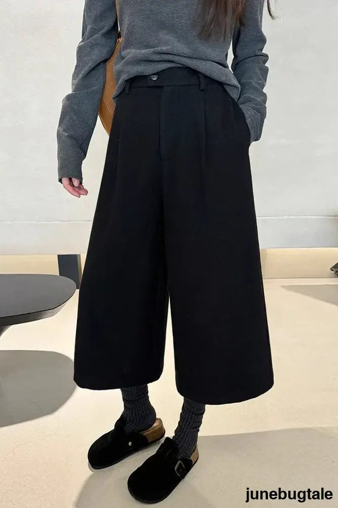 Wool Blend High Waist Ankle Crop Wide Leg Relaxed Pants - Black / S