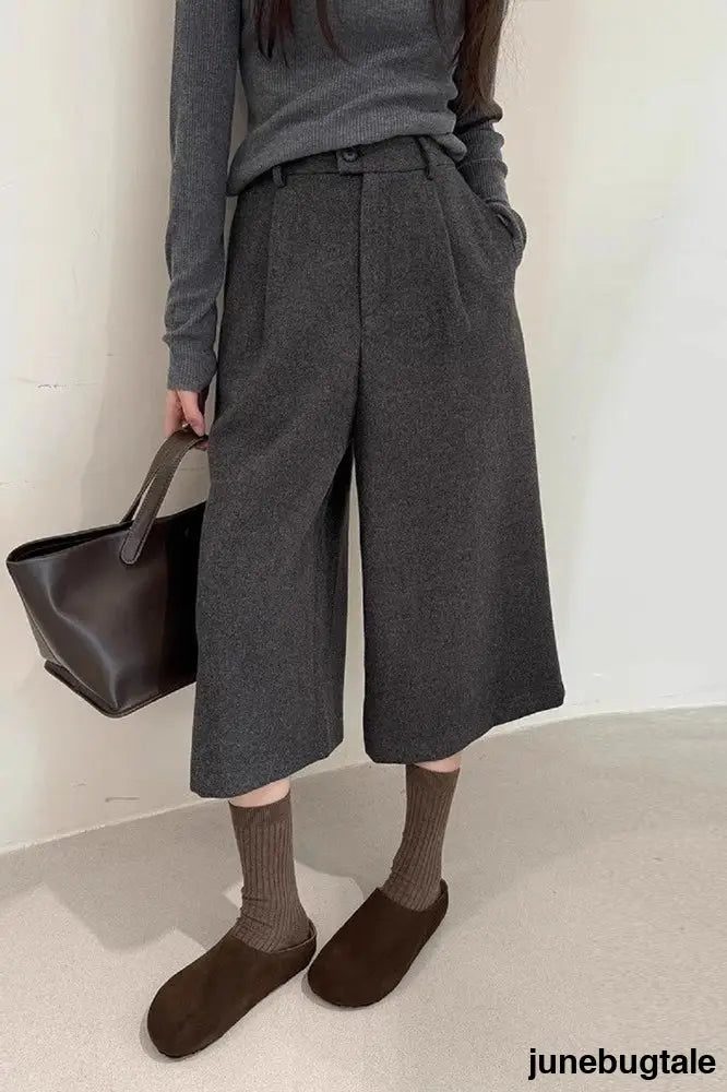 Wool Blend High Waist Ankle Crop Wide Leg Relaxed Pants - Grey / S